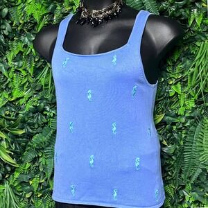 Sydney Easton Top Women's Large Blue Tank Embroidered Seahorse Square Neck  3466